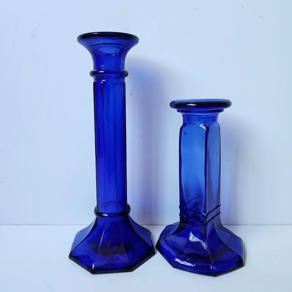 Vintage Candle Holder Glass Cobalt Blue Recycled Glass Candlestick Set Of 2
